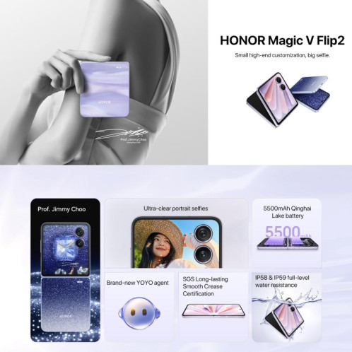 Honor Magic V Flip2, 12 Go + 512 Go, 6,82 pouces + 4,0 pouces, MagicOS 9.0.1, Android 15, Snapdragon 8 Gen 3 Octa Core, Réseau : 5G, NFC, OTG (Violet) SH842P1377-021